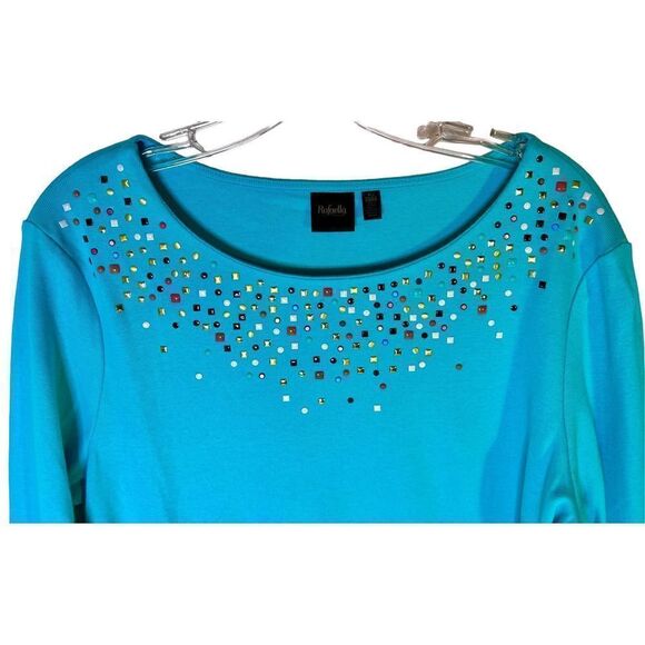 RAFAELLA SZ XL AQUA BLUE BEDAZZLED BOATNECK LONG-SLEEVE COTTON PULLOVER TOP SHIR - Picture 2 of 6